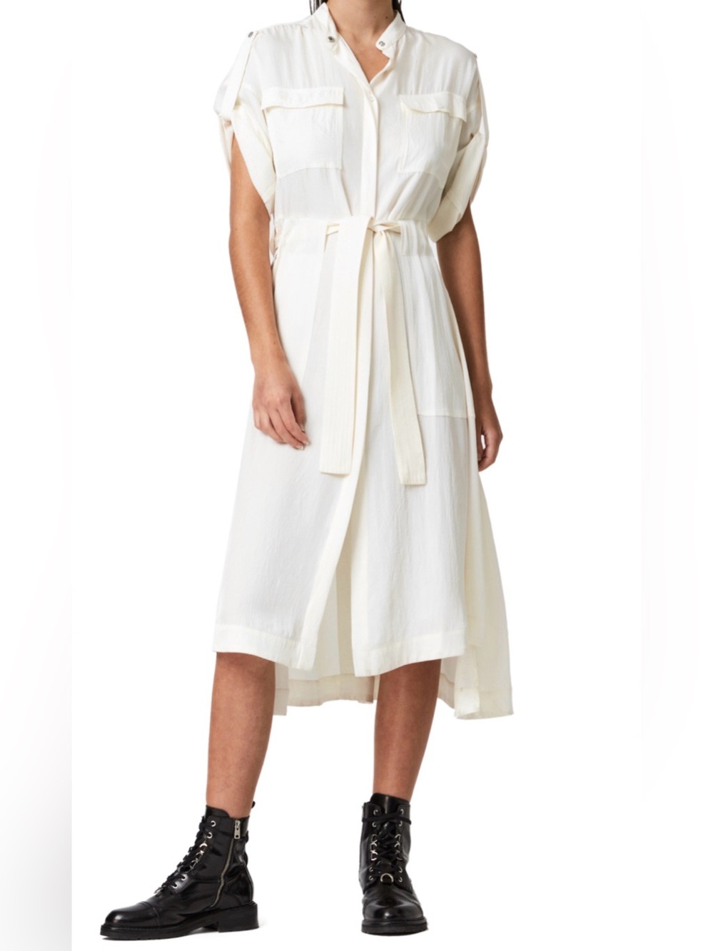 AllSaints Luciana Satin Utility Midi Dress in Ivory size 6